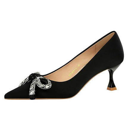 2025 nuevos tacones altos de 10 cm, zapatos de mujer con lazo de diamantes de imitación, punta puntiaguda, tacón de seda, zapatos de salón de mujer, tacón de copa de vino, zapatos de fiesta de primavera con tacón de aguja