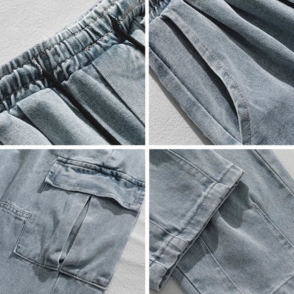 2025 Men's retro camouflage jeans, informal washed wide leg jeans, men's autumn and winter loose pants, old blue multi pocket PlatiNum