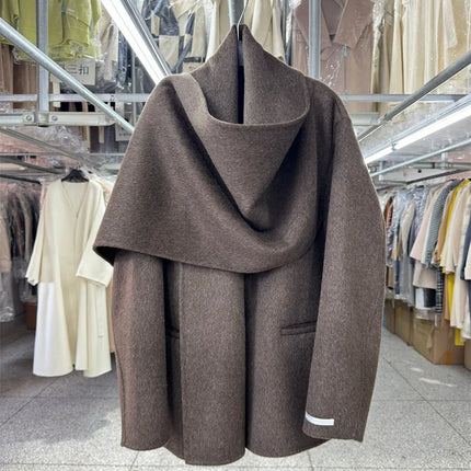 Newest Luxury Coffee Scarf Collar Wool Coat Women Loose Elegant Ladies Autumn Winter Jacket Causal Handmade Women's Jacket2025