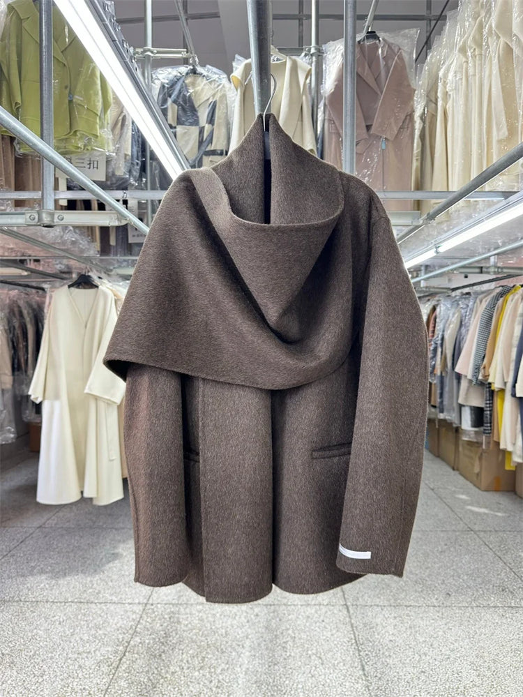 Newest Luxury Coffee Scarf Collar Wool Coat Women Loose Elegant Ladies Autumn Winter Jacket Causal Handmade Women's Jacket2025