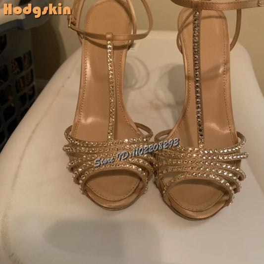 Champagne Crystal Cross-tied Sandals Open Toe T-straps Party High Heels Dress Strappy Stiletto Rhinestone Shoes 2025 New Women's