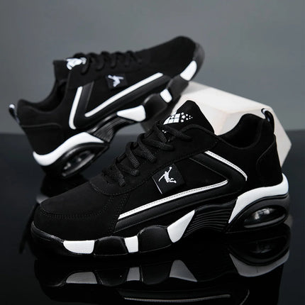 Scarpe sportive casual da uomo ZERJER con cuscino d'aria, tomaia in mesh traspirante e PU, design con motivo geometrico, chiusura con lacci, nero e bianco