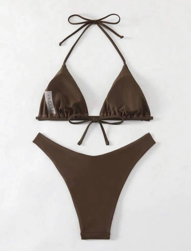 Costume da bagno bikini a perizoma da donna sexy, tinta unita bianco/nero/caffè, con laccetti, stile brasiliano, nuovo, in doppio tessuto, per la spiaggia platinumshop