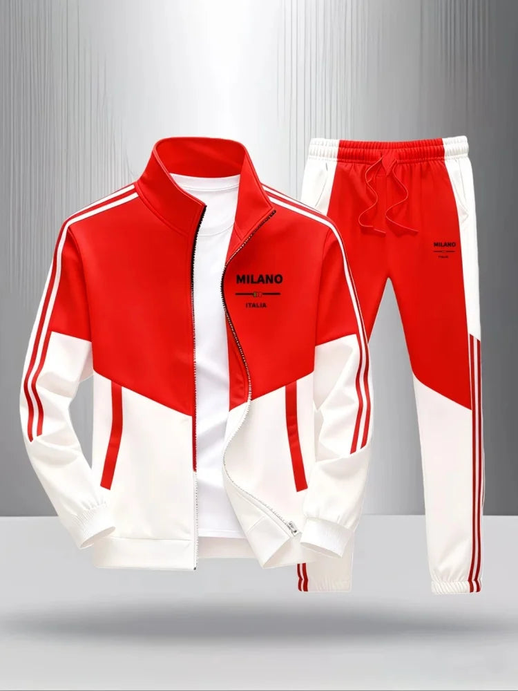 Men 2 Piece Tracksuit Fashion Milano Italia Print Stand Collar Full Zip Jacket Drawstring Jogger Suits Athletic Casual Outfit