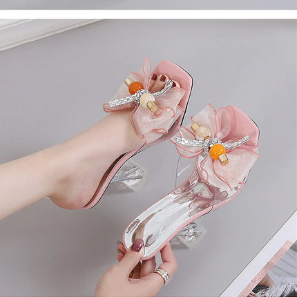Liyke 2026 Nouvelle Mode 9CM Chaussons à Talon Transparent Filet Rose Nœud Papillon Sandales d'Été Chaussures Transparentes pour Femmes Claquettes Présentations des entreprises de fabrication de jeux