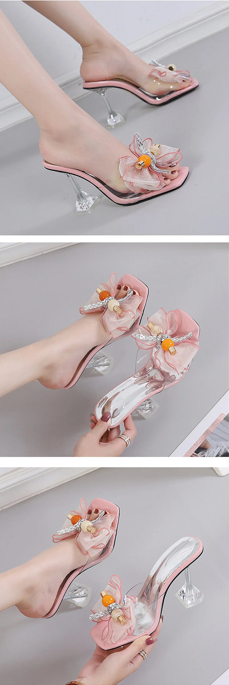 Liyke 2026 New Fashion 9CM Pantofole con tacco trasparente Filato netto rosa Bowknot Sandali estivi Scarpe trasparenti per le donne Ciabatte Presentazioni aziende produttrici giochi