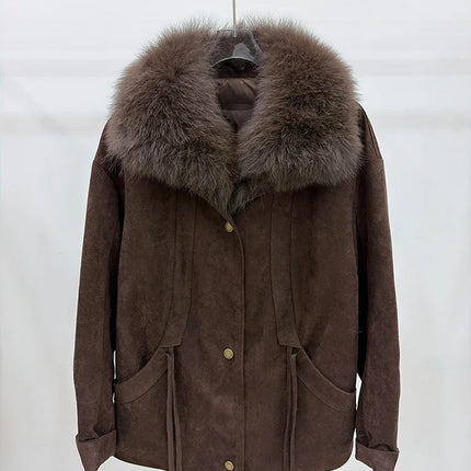 2026 Autumn Winter Women's White Goose Down Coats Natural Real Fox Fur Collar Jacket Outwear Luxury Female Jacket