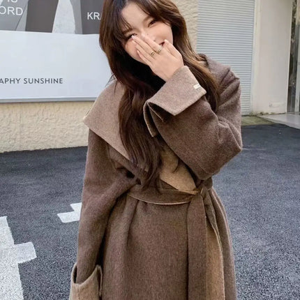 UCXQ Color Blocked Double Sided Wool Coat For Women Hooded Long Sleeved Belt Cardigan Coats 2025 Autumn Winter New Tide 23Z3934