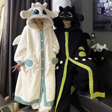 Anime Toothless Boy and Girl Winter Pajama Robe Kawaii Y2K Role-Playing Birthday Gift Thick Coral Velvet Warm Home Clothes Set