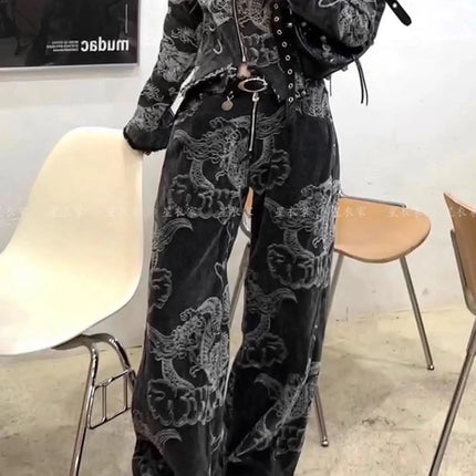 Donne Nero Gotico Drago Stampa Jeans Baggy Vintage Estetica Pantaloni Da Cowboy Harajuku Pantaloni In Denim Y2k Trashy 2000s Vestiti 2024