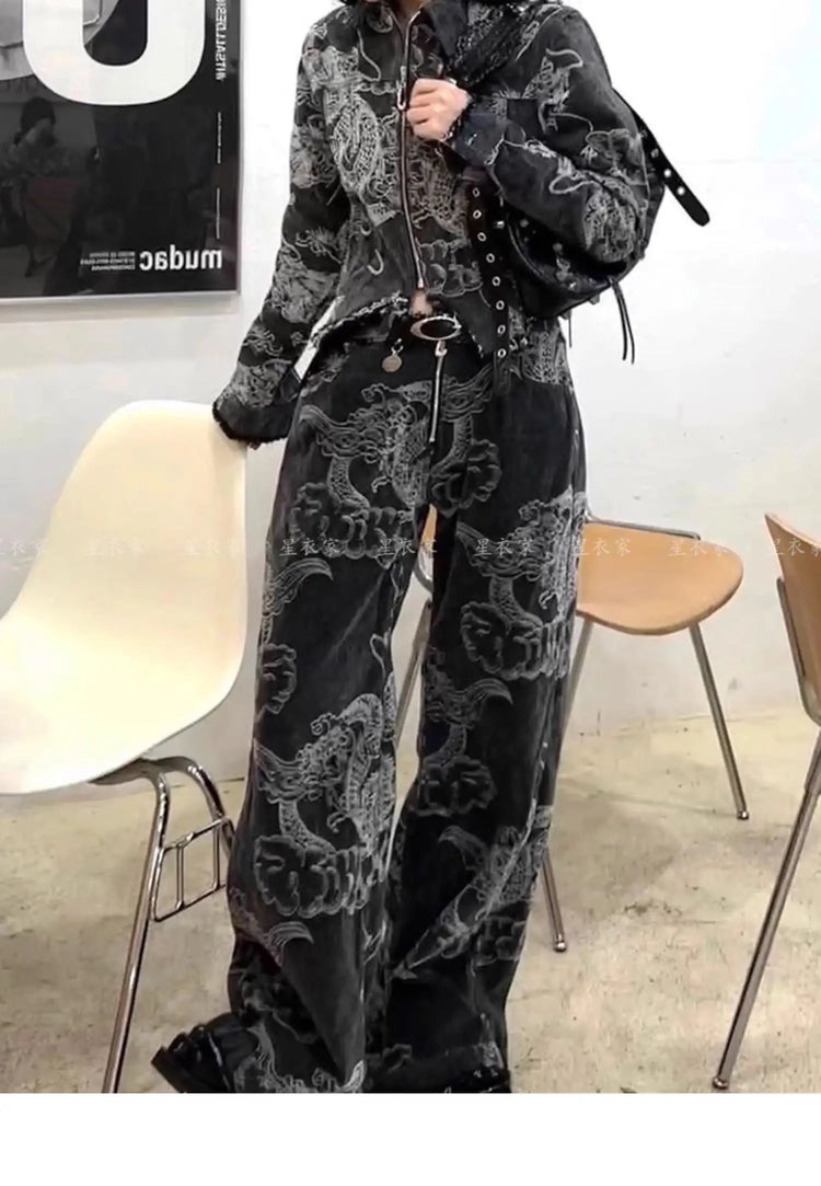 Donne Nero Gotico Drago Stampa Jeans Baggy Vintage Estetica Pantaloni Da Cowboy Harajuku Pantaloni In Denim Y2k Trashy 2000s Vestiti 2024