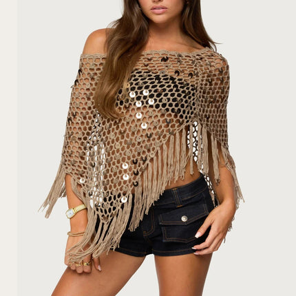 Copricostume asimmetrico all'uncinetto con paillettes per donna Poncho lavorato a maglia con nappe scavate e spalle scoperte Top copricostume alla moda platinumshop