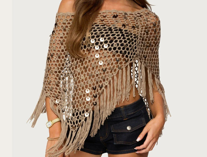 Copricostume asimmetrico all'uncinetto con paillettes per donna Poncho lavorato a maglia con nappe scavate e spalle scoperte Top copricostume alla moda platinumshop