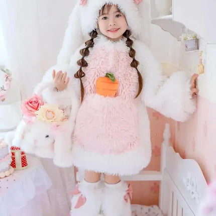 Cartoon Children Plush Rabbit Cosplay Costume Kawaii Kids Winter Warm Sets Top Pants Hat Suit Girl Halloween Party Outfits Gift