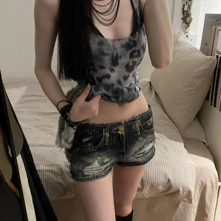 Y2K American Retro Short Denim Shorts Women Casual Rivet Sexy Streetwear Bodycon Gothic Punk Style Zipper Solid Color Summer PlatiNum