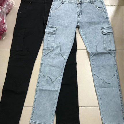 Street Elastic Jeans Men Denim Cargo Pants Wash Solid Color Multi Pockets Casual Mid Waist Trousers Slim Fit Daily Wear Joggers PlatiNum