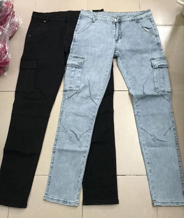Street Elastic Jeans Men Denim Cargo Pants Wash Solid Color Multi Pockets Casual Mid Waist Trousers Slim Fit Daily Wear Joggers PlatiNum