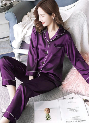 Pigiama da donna in raso di lusso Pj Set Colletto rovesciato Bottoni Top e pantaloni Indumenti da notte e pigiama per abiti estivi per la casa
