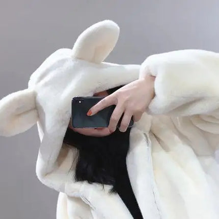 Cosy Loose Faux Fur Coat Womens Faux Fur Fuzzy Hooded Fluffy Ears Surcoat Overcoat Woman Winter Warm Outerwear Snowy Day Wrap