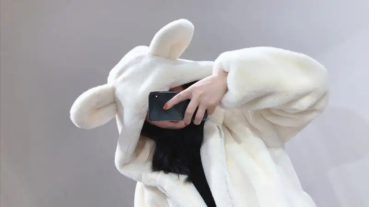 Cosy Loose Faux Fur Coat Womens Faux Fur Fuzzy Hooded Fluffy Ears Surcoat Overcoat Woman Winter Warm Outerwear Snowy Day Wrap