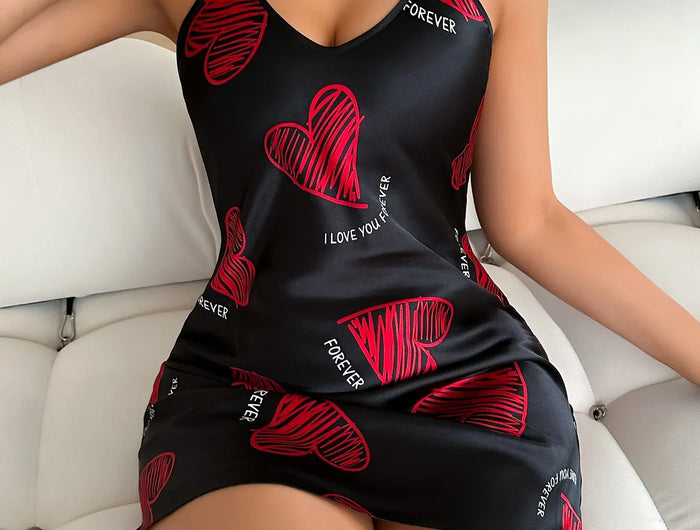 Camicia da notte sottoveste in raso con stampa labbra rosse per San Valentino, mini abito da notte senza schienale con scollo a V, abiti da notte da donna