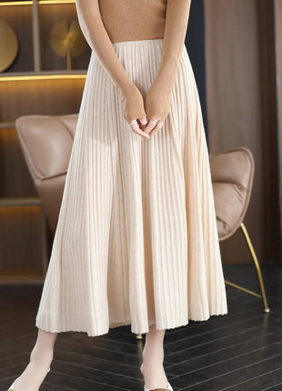 100% Merino Wool Women’s Knitted Skirt Spring Autumn Winter  Long Pleated Grace Skirts High Waist A-Line Cashmere Comfortable PlatiNum