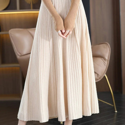 100% Merino Wool Women’s Knitted Skirt Spring Autumn Winter  Long Pleated Grace Skirts High Waist A-Line Cashmere Comfortable PlatiNum