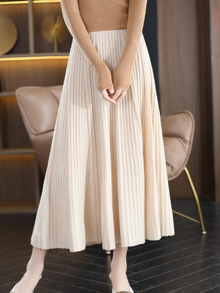 100% Merino Wool Women’s Knitted Skirt Spring Autumn Winter  Long Pleated Grace Skirts High Waist A-Line Cashmere Comfortable PlatiNum