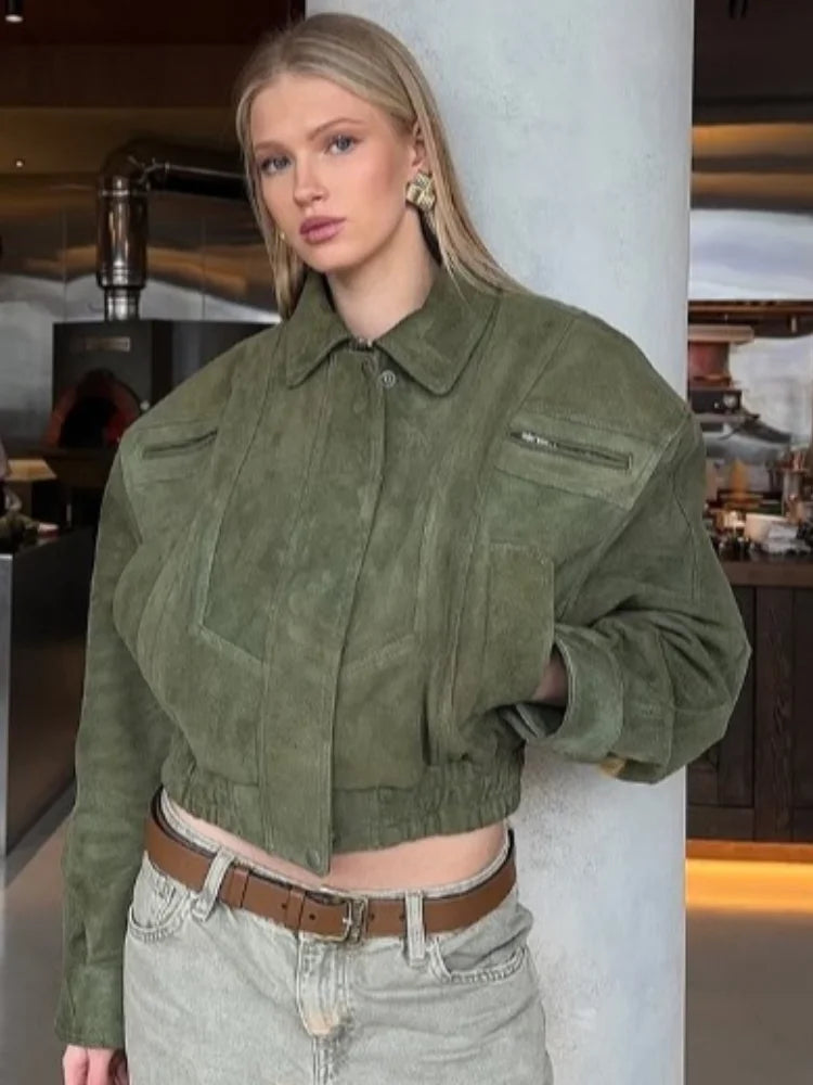Brown Suede Leather Short Coats Women Solid Stand Collar Zipper Waist Belted Cropped Jackets 2026 Lady Autumn Y2k Casual Outwear
