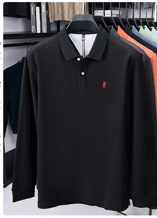 Polo à manches longues de marque haut de gamme 100 % coton, nouveau t-shirt décontracté à revers pour homme d'affaires, confort de luxe avec broderie Paul poney