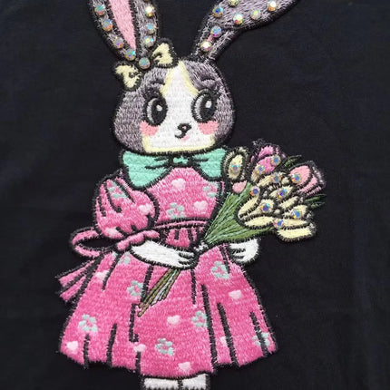 T-shirt da donna a maniche corte girocollo casual con stampa cartoon, oversize, stile Y2K, patchwork, con strass, moda estiva