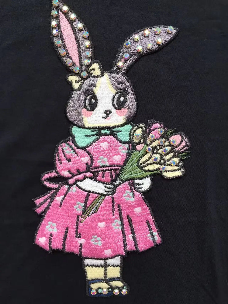 T-shirt da donna a maniche corte girocollo casual con stampa cartoon, oversize, stile Y2K, patchwork, con strass, moda estiva
