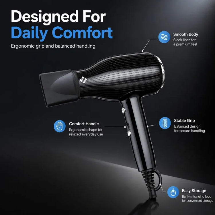 2000W WETECH Professional Hair Dryer AC 220‑240V Cold Air Blow Dryer Lightweight Black Hairdryer for Home Travel Salon Hair Styling