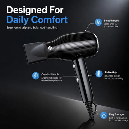 2000W WETECH Professional Hair Dryer AC 220‑240V Cold Air Blow Dryer Lightweight Black Hairdryer for Home Travel Salon Hair Styling
