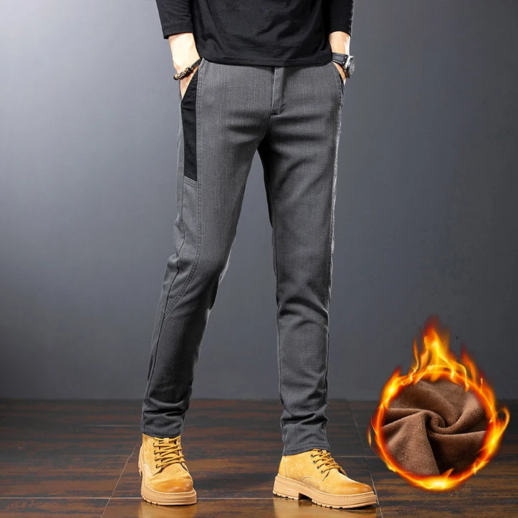 Winter New Men's Warm Slim Casual Pants Fleece Elasticity Embroidery Mid-waist Trousers Thicken Velvet Brand Straight Man Pants