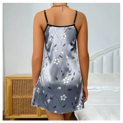 Women's Nightwear Summer Floral Print Satin Nightgown Casual Sleeveless Backless Nightdress Sexy Nightwear Home Clothes