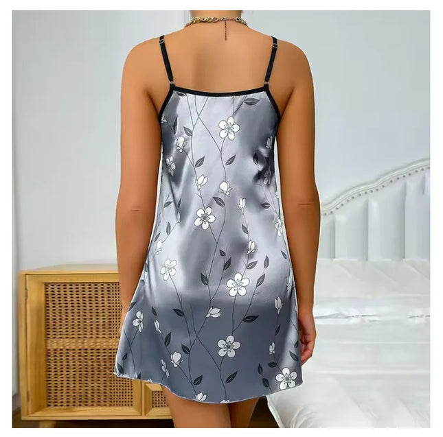 Women's Nightwear Summer Floral Print Satin Nightgown Casual Sleeveless Backless Nightdress Sexy Nightwear Home Clothes