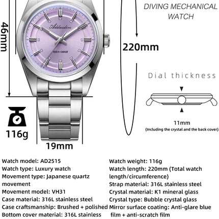 ADDIESDIVE36mm Luxury Men's Quartz Watch Japan VH31 Movement 100m Waterproof Super Luminous Quartz Men's Business Watch AD2515