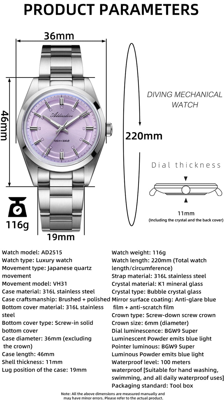 ADDIESDIVE36mm Luxury Men's Quartz Watch Japan VH31 Movement 100m Waterproof Super Luminous Quartz Men's Business Watch AD2515