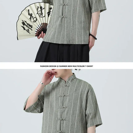 Camicie a Righe da Uomo Estive in Stile Cinese Tradizionale, Camicie Traspiranti in Lino, Abbigliamento Maschile Retrò per Kung Fu e Tai Chi, Completo Casual Tang