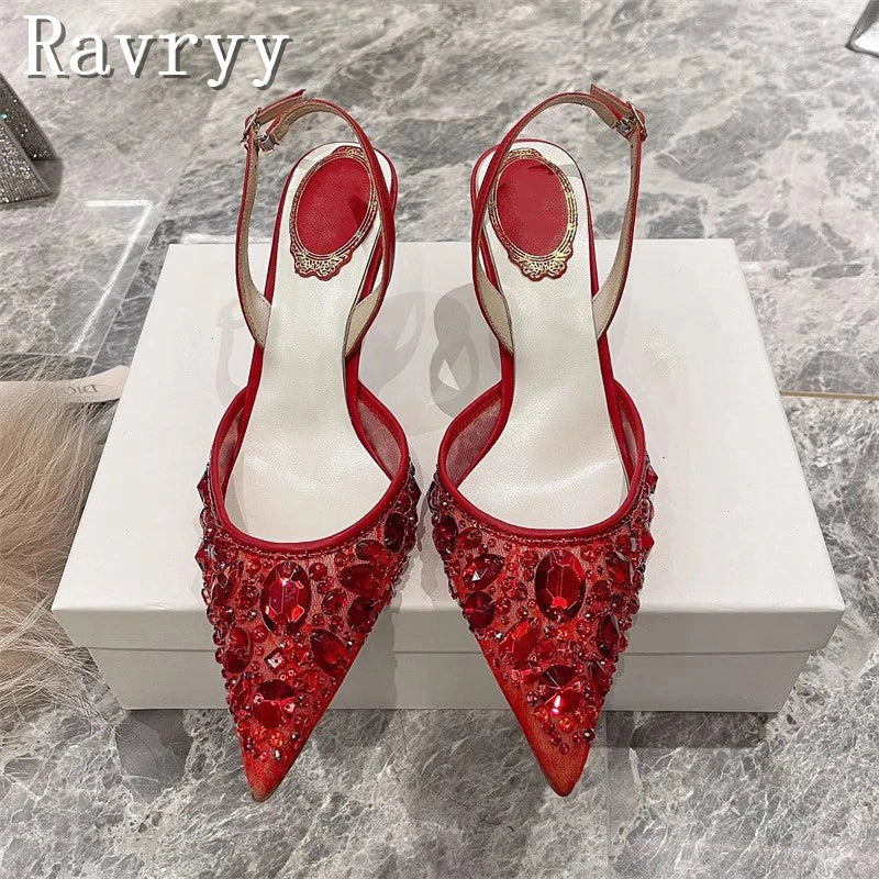 Pointed Toe Lace Crystal Women Pumps New Wedding High Heel Shoes Luxury Design Sexy Bride Party Stiletto Sandals