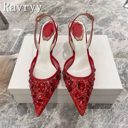 Pointed Toe Lace Crystal Women Pumps New Wedding High Heel Shoes Luxury Design Sexy Bride Party Stiletto Sandals