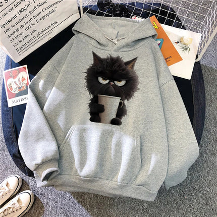 Aesthetic Y2k 90s Hoodies Funny Cute Cat Sweatshirt for Women Harajuku Graphic Pullovers 2000s Ulzzang Gothic Streetwear Female