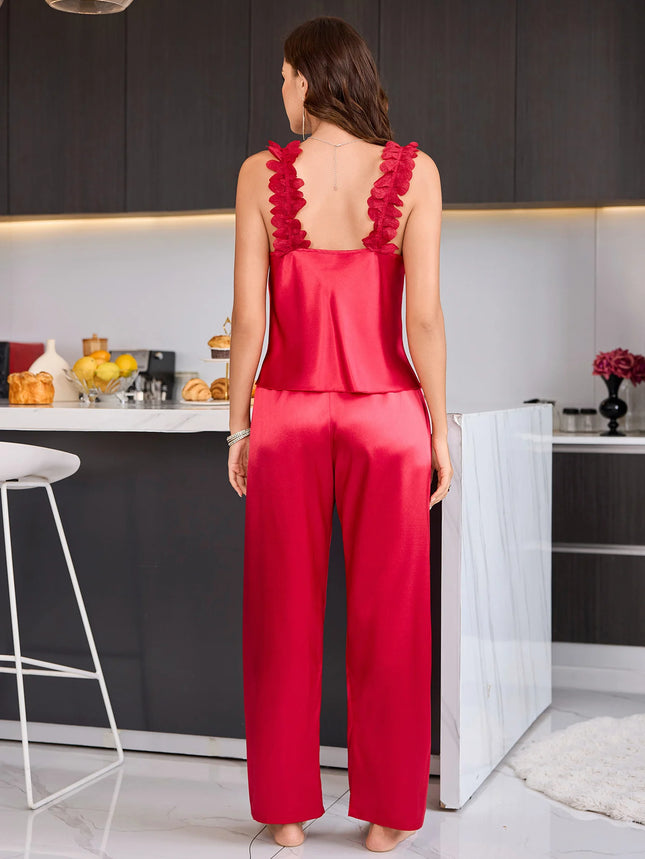 New women's casual and comfortable plain-colored lace V-neck pajama set