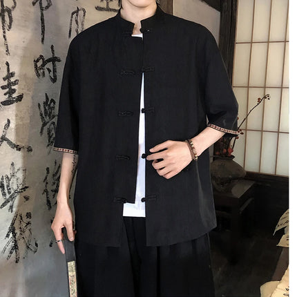 Camicie retrò da uomo, estive, eleganti, larghe, casual, leggere, sottili, traspiranti, in stile cinese, vintage, con calligrafia tradizionale.