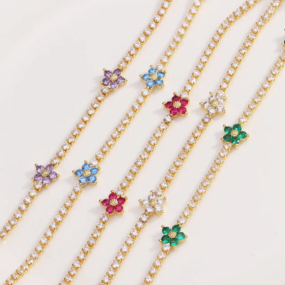 Fiori colorati con zirconi cubici Baguette Catena da tennis Collana girocollo da donna Gioielli hip-hop in ottone per donna Dorato