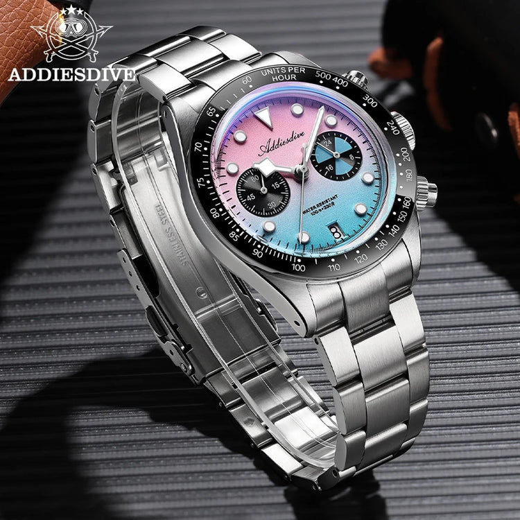 ADDIESDIVE Luxury Men's Quartz Watch AD2559 Ceramic Bezel Bubble Mirror Glass VK64 Chronograph Watches New Calendar Wristwatch