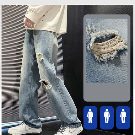 New vintage casual loose fit men's jeans with high street style straight leg denim pants for teenagers, torn knees and damaged PlatiNum