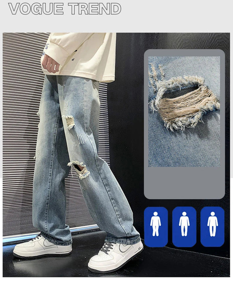 New vintage casual loose fit men's jeans with high street style straight leg denim pants for teenagers, torn knees and damaged PlatiNum