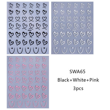 3pcs Valentine's Day Nail Art Stickers 3D Black White Pink Lines Love Heart Nail Decals DIY Adhesive Slider Manicure Decorations